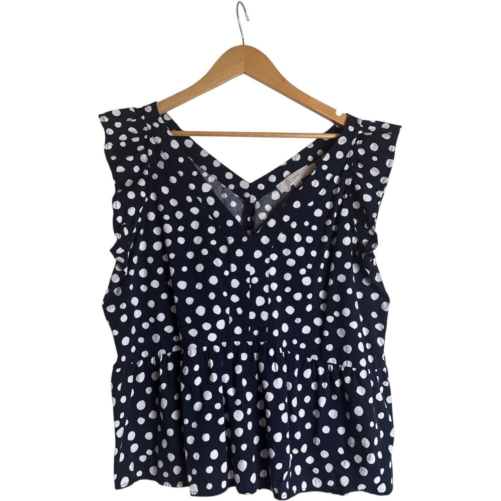 LOFT XL Navy White Dot Ruffle Sleeve V-Neck Peplum Blouse - Picture 2 of 8